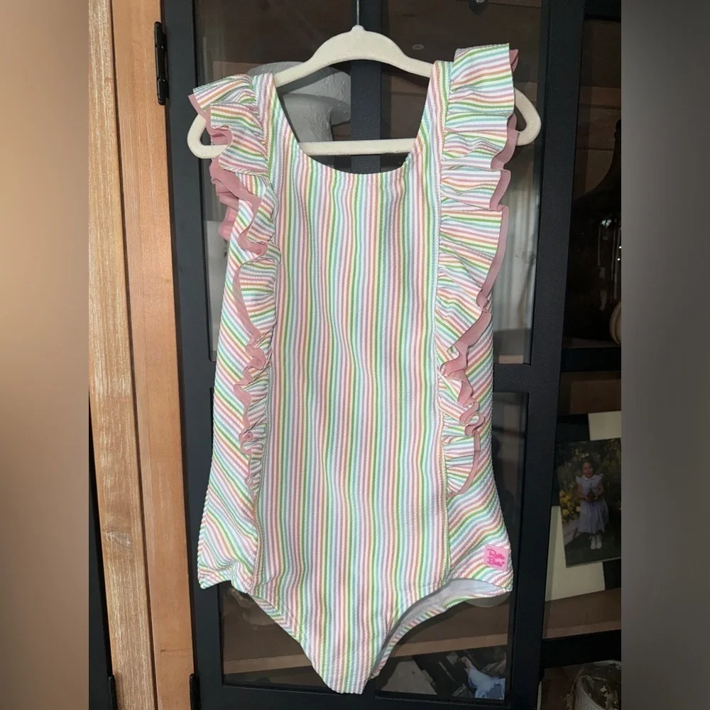 RuffleButts Seersucker Waterfall One Piece Swimsuit pastel bow rainbow girls